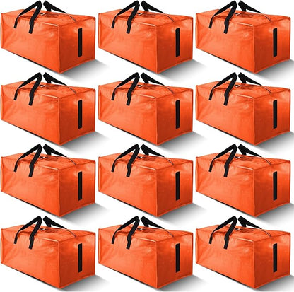 12 Pack Large Strong Moving Bags with Zippers & Carrying Handles - Water-Resistant - Heavy Duty Storage Tote for Space Saving, Fold Flat, Alternative to Moving Box (Orange)