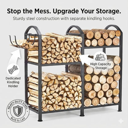 Firewood Rack Indoor With Hooks, 31inch Firewood Rack, log holders for firewood outdoor, Fireplace Wood holder Indoor, Adjustable Small Fire Wood Storage