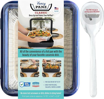 Fancy Panz - Navy Classic Aluminum Foil Pan Carrier with Lid - Elevated Food Serving Tray - Portable Casserole Carrier with Lid - Made in The USA Hosting Essentials