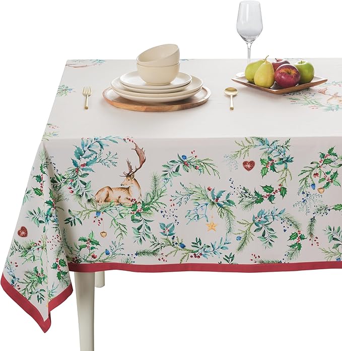 Maison d' Hermine Table Cloth Rectangle Table 100% Cotton 60 x 108 Inches Fall Tablecloth Reusable Everyday Use for Thanksgiving Christmas Decorations Dining Farmhouse Party (Holly Time)