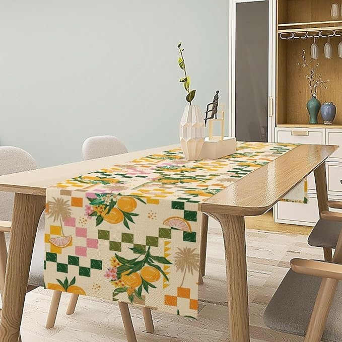 Tropical Summer Fruit Table Runner, Orange Square Grid Lemon Beach Ocean Table Runner for Kitchen Dining Party Holiday Home 13x120in