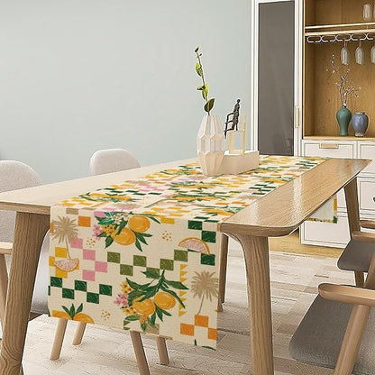 Tropical Summer Fruit Table Runner, Orange Square Grid Lemon Beach Ocean Table Runner for Kitchen Dining Party Holiday Home 13x108in