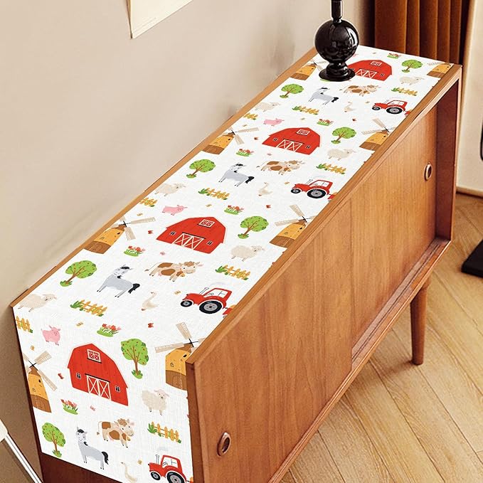 Farm Animals Table Runner, Rustic Farmhouse Cow Pig Rooster Watercolor Coffee Table Center Decor for Home Kitchen Dining Patio Holiday Party Indoor Outdoor Table Decorations, 13"x36" Inch