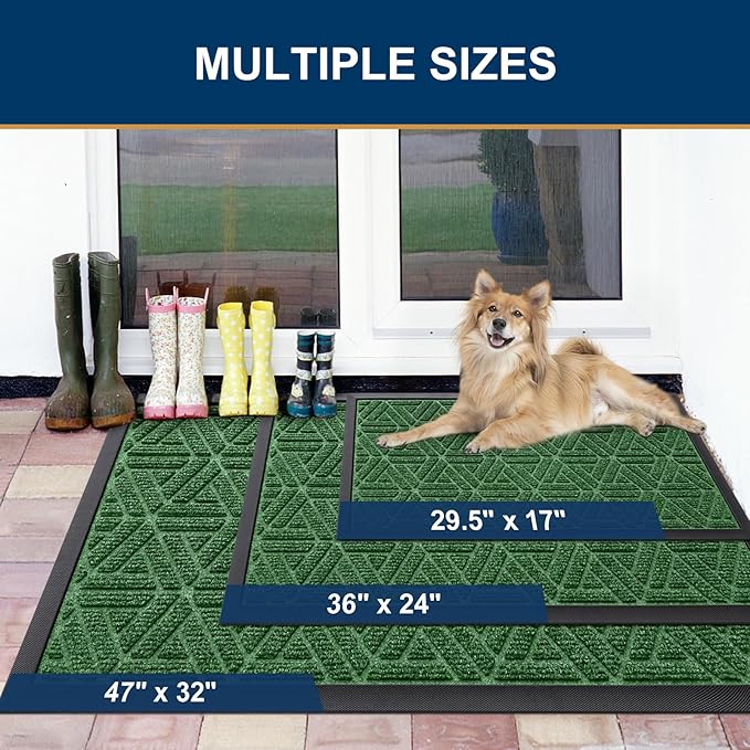 Smiry Front Door Mat Outside Entrance, Heavy Duty Sturdy Natural Rubber Doormat, Trap Dirt and Moisture, Easy Clean Low Profile Mats for Indoor Outdoor Entry, Grid Geometric (36x24, Green)