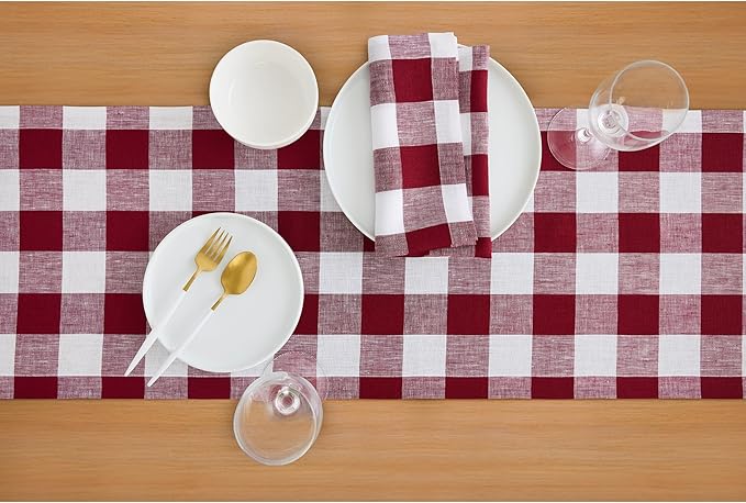 Solino Home Checkered Table Runner 60 Inches - 100% Pure Linen Burgundy and White Buffalo Check Table Runner 14 x 60 Inch Ideal for Dresser and Coffee Tables - Valentines