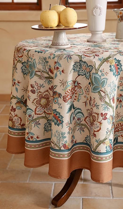 Designer Linen Round Tablecloth,Vintage Indian Style Wrinkle Free Block Print Table Cloth,Decorative Table Cover for Kitchen,Dining,Party,Thanksgiving,Christmas,Diameter 67"-Mangala