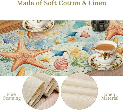 Starfish Conch Shell Table Runners, Season Coastal Marine Life Table Runners for Kitchen Dining Outdoor Home Party 13x70in