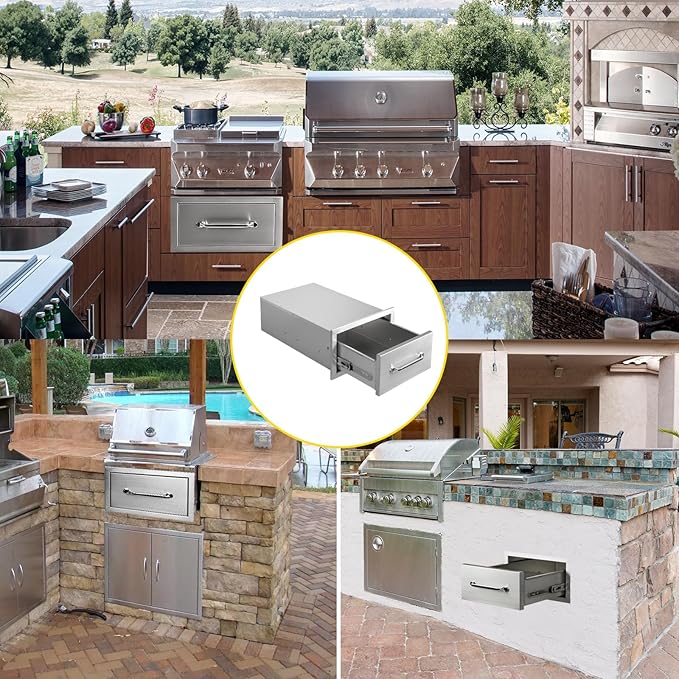 Outdoor Kitchen Drawers 14" W x 8.5" H x 23" D Flush Mount Single BBQ Drawers with Chrome Handle Built-in Stainless Steel Drawer for Outdoor Kitchen Island, Patio Grill Station