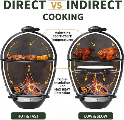 Brand-Man Charcoal Grill & Smoker Steel Kamado - 22" Cast Iron Grates, Grilling Basket, Large Prep Table Cart, Ideal for Outdoor Cooking