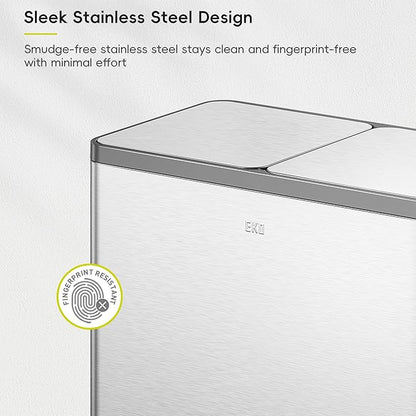 EKO EcoCasa Plus 2 x 10.6 Gal Dual Recycling Trash Can for Kitchen, Large Stainless Steel Step-On Garbage Can with Soft-Close Lids, Odor-Proof and Fingerprint-Resistant, Removable Buckets with Handles