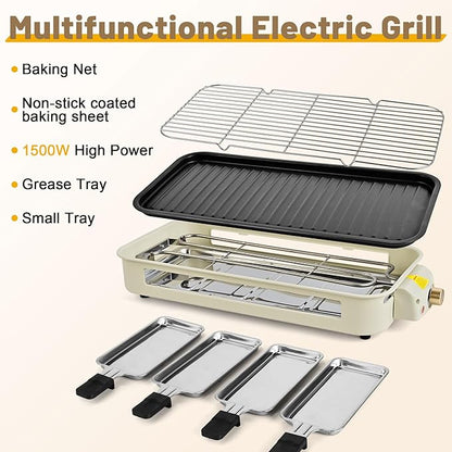 Pukomc Electric Indoor Grill,2 in 1 Indoor Grills for Kitchen with Grill Net & Non-Stick Cooking Removable Plate, Temperature Control, Dishwasher Safe, 1800W Large Smokeless Griddle