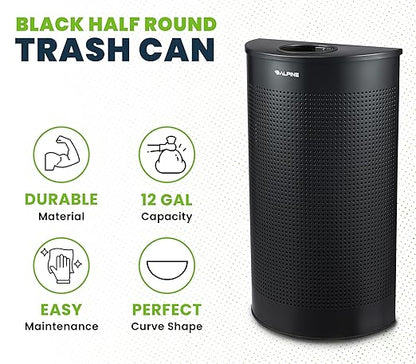 Alpine Half Round Trash Can Open Top - Modern Black Metal 12 Gallon Half Moon, Space Saving Indoor Commercial Trash Cans with Lid, Narrow Garbage Can for Bathroom, Office, Lobby and Business.