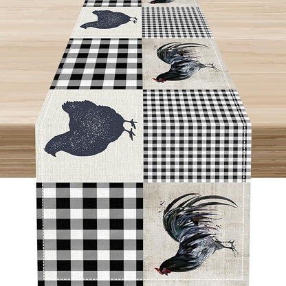Farmhouse Rooster Table Runner, Vintage Rooster Retro Farmhouse Country Chicken Buffalo Checked Coffee Table Center Decor for Home Kitchen Dining Patio Holiday Party Table Decorations 13"x90"
