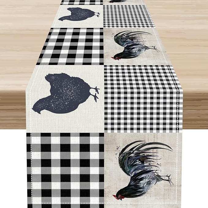 Farmhouse Rooster Table Runner, Vintage Rooster Retro Farmhouse Country Chicken Buffalo Checked Coffee Table Center Decor for Home Kitchen Dining Patio Holiday Party Table Decorations 13"x108"