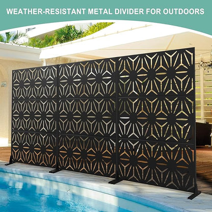 Metal Privacy Screen for Outdoor & Indoor Use, Free Standing Privacy Screen for Patio Garden Pool, 72" H x 47" W Decoative Privacy Panels, Weather Resistant, Easy Assembly (Black Star)