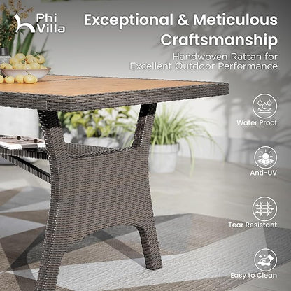 PHI VILLA Outdoor Dining Set for 6, Rectangular Wicker Table with Acacia Wood Top & Rattan Chairs with Cushions, 74” Large Modern Furniture Set for Patio, Deck, Backyard, Porch