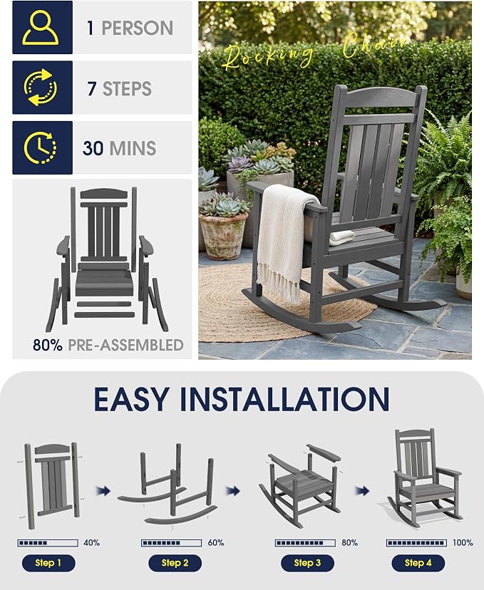 Oversized Outdoor Rocking Chair, Porch Rockers, Unique Gray | - Image 9