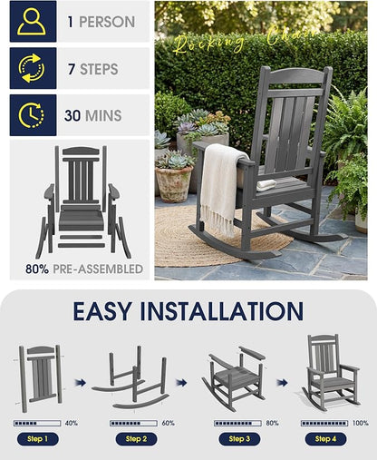 Oversized Outdoor Rocking Chairs Set of 4, Porch Rocker Unique Gray | - Image 6