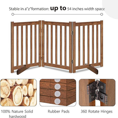 LZRS Freestanding Dog Gate 30 inch Tall - 3 Panels Solid Wooden Pet Gate for Doorways, Stairs & Hallways, Expandable & Foldable with Support Feet，Indoor Use,Oak