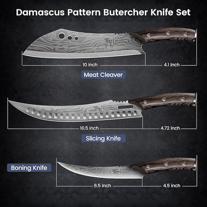 Butcher Knife Set, 3 PCS Kitchen Knives Set for Cutting, Meat Cleaver Chef Knife Set, Japanese Style High Carbon Steel Knives Set, Chopping & Slicing & Boning for Home and BBQ, Christmas gift