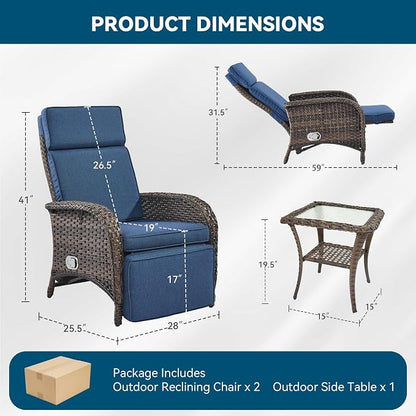 3 Pieces Zero Gravity Wicker Patio Recliner Chairs Set of 2 - Image 2