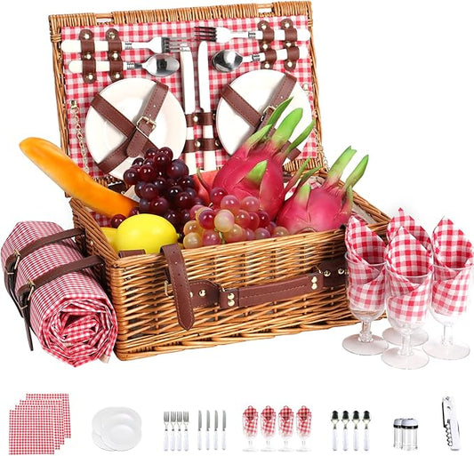 Neti Neti Wicker Picnic Basket for 4 with Insulated Cooler & Waterproof Blanket – Large Willow Picnic Hamper for Outdoor, Camping, Beach, Romantic Dates, Valentine’s Day