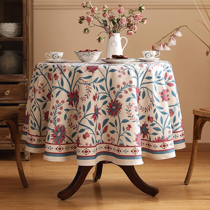 Designer Linen Floral Small Round Tablecloth,Vintage William Morris Wrinkle Resistant Table Cloth,Decor Table Cover for Kitchen,Dining,Thanksgiving,Christmas,Diameter 55"-Dorodango B
