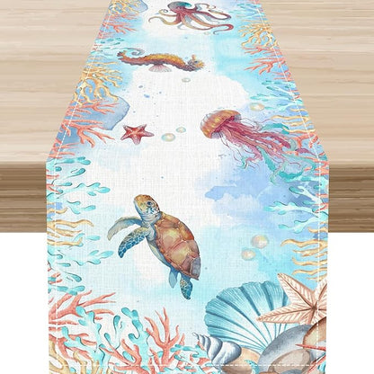 Blue Coastal Table Runner, Nautical Starfish Turtle Seashell Coral Shell Beach Ocean Dining Table Runner for Coffee Table Home Party Decor 13"x36"
