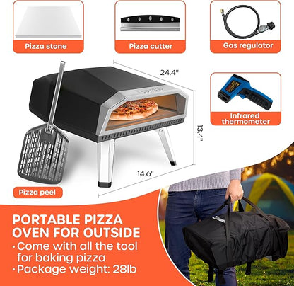 Ecowell Gas Pizza Oven – 12" Pizza Maker with Gas Regulator, Outdoor Energy-saving Propane Pizza Cooker, with Pizza Stone/Peel/Cutter/Infrared Thermometer (12 Inches)