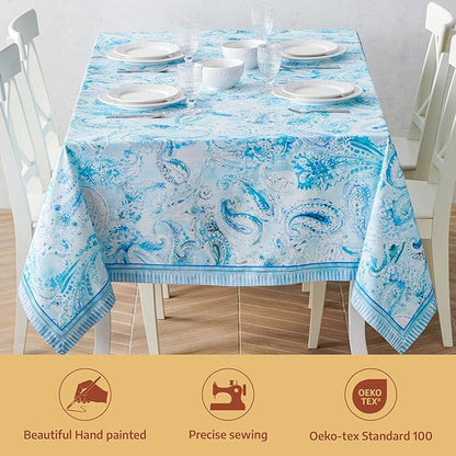 Maison d' Hermine Premium Table Cloth Rectangle Table 100% Combed Cotton 120 x 70 Inches Tablecloth Reusable Decorative for Dining Room, Farmhouse, Home, Party, Festive & Wedding - Paisley Blues