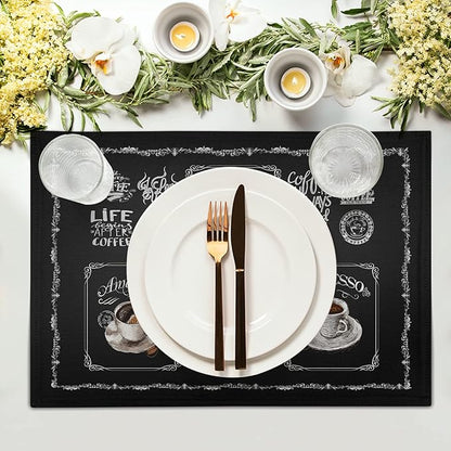Giwawa Coffee Placemts Set of 4, 12"x18" Black Cafe Life Themed Coffee Beans Maker Espresso Cup Print, Washable Heat-Resistant Linen Placemats for Dining Table Party