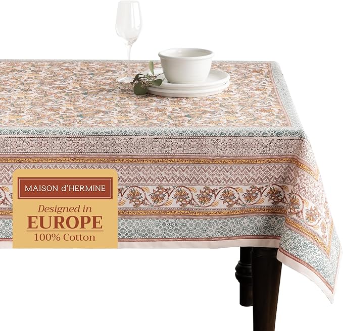 Maison d' Hermine Table Cloth Rectangle Table 100% Cotton 60 x 120 Inches Fall Tablecloth Reusable Everyday Use for Thanksgiving Christmas Decorations Dining Farmhouse Party (Nila)