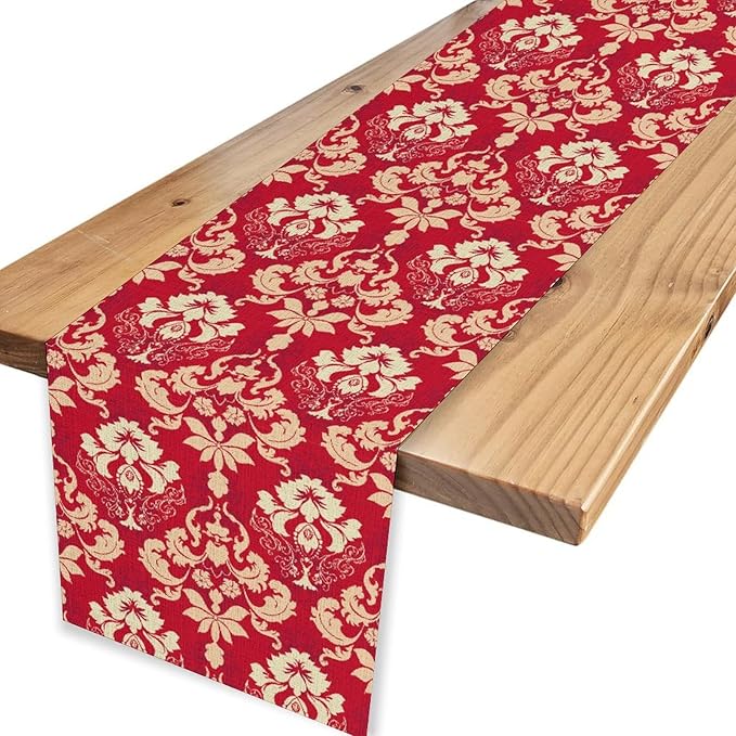 Damask Table Runner, Rustic Gothic Red Baroque Style Floral Boho Flower Antique Vintage Retro Coffee Table Center Decor for Kitchen and Dining Outdoor Home Country Party Table Decorations, 13"x90"