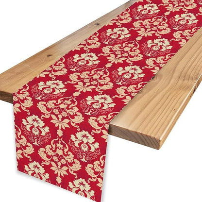 Damask Table Runner, Rustic Gothic Red Baroque Style Floral Boho Flower Antique Vintage Retro Coffee Table Center Decor for Kitchen and Dining Outdoor Home Country Party Table Decorations, 13"x72"