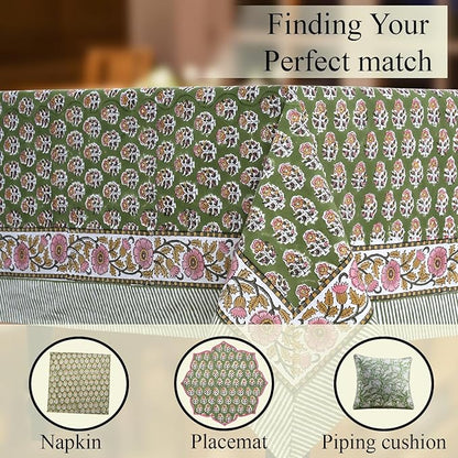 CPC Tablecloth 100% Cotton 60x60 Inch Indian Block Print Easter Square Table Cover, Table Cloth for Weddings, Parties- Jade Green 4-Seater