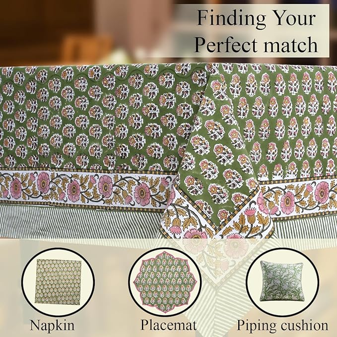 CPC Tablecloth 100% Cotton 60x90 Inch Indian Block Print Easter Rectangle Table Cover, Table Cloth for Weddings, Parties- Jade Green 6-Seater