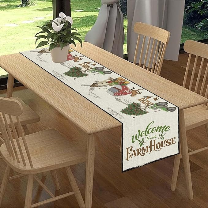 Farmhouse Horse Table Runner, Rustic Rooster Truck Tree Butterfly Animals Coffee Table Center Decor for Family Kitchen and Living Room Outdoor Country Holiday Party Table Decorations, 13" X 36"