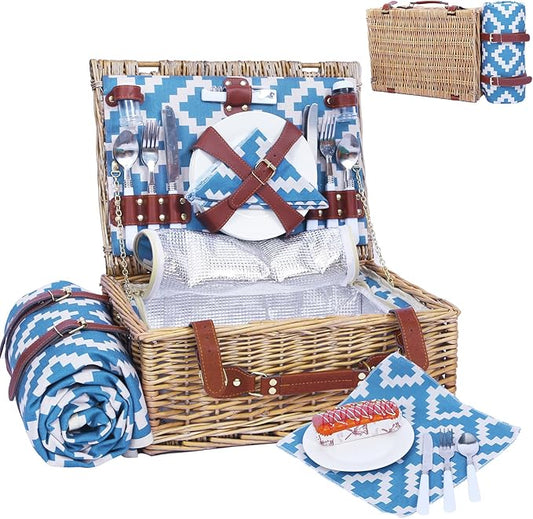 Neti Neti Wicker Picnic Basket for 4 with Insulated Cooler & Waterproof Blanket – Large Willow Picnic Hamper for Outdoor, Camping, Beach, Romantic Dates, Valentine’s Day