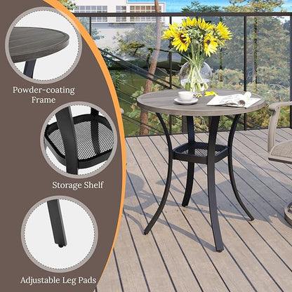 VICLLAX 27.5" Outdoor Round Patio Table for Lawn Garden, All Weather Metal Round Patio Dining Table with Storage Shelf, 2 Person Small Patio Table, Grey Wood-Like Tabletop