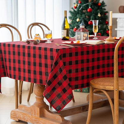 Christmas Gingham Tablecloth Heavy Duty Cotton Blend Red 60x120 inch Plaid Christmas Table Cloth Reusable Waterproof Foldable Tablecloths Xmas Table Cover for New Year Party Decor