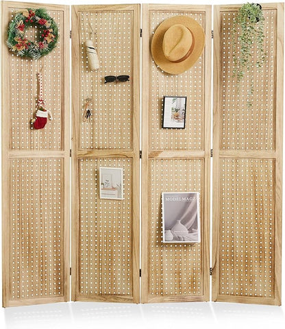 Pegboard Display, 5.6Ft Wooden Room Divider Folding Privacy Screens Portable Freestanding Wall Organizer for Retail Craft Art Display Board (4panels, Natural)