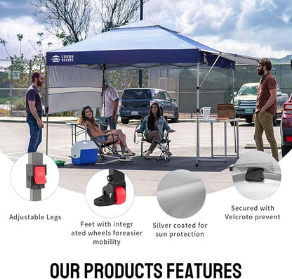 CROWN SHADES 10x10 Pop up Canopy Tent Patended Centerlock Instant Commercial Canopy with 150D Silver Coated Fabric Including 2 Extend Awnings, 4 Ropes, 8 Stakes, 4 Weight Bags, Navy Blue