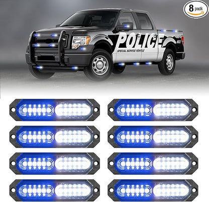 HLauto 1200T Emergency Strobe Grille Lights: 8pcs 12 LED Sync Feature Safety Warning Flashing Lights, Ultra Slim Surface Mount Hazard Caution Lights for Trucks, Vehicles, Car, ATV, UTV (Blue White)