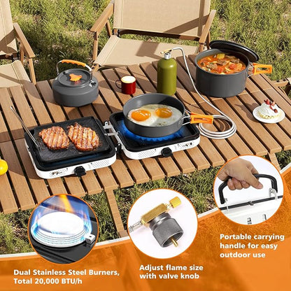 Hisencn Camping Stove,2 Burner Propane Stove,20000 BTU/h Camping Cooking set Includes Frying Pan,Kettle and Pot,Adjustable Burners & Piezo Ignition,Portable stove for camping Outdoor,White