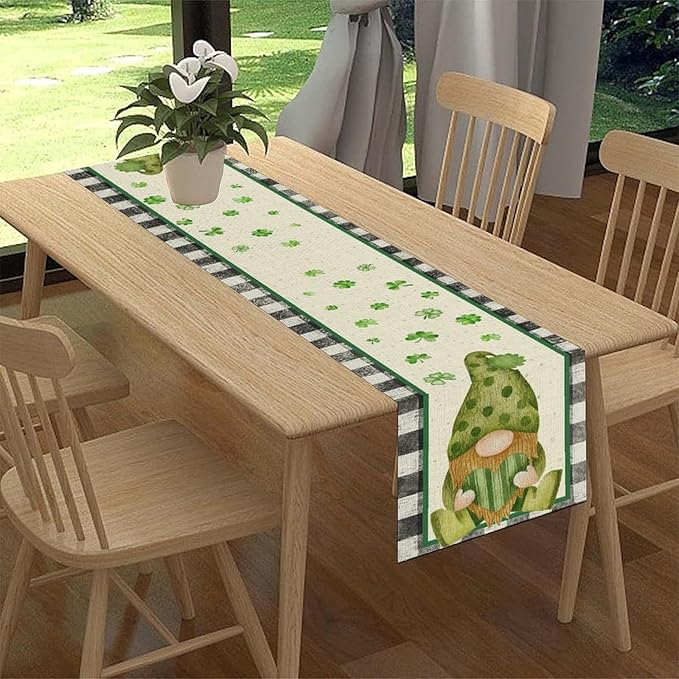 St.Patrick's Day Table Runner,Vintage Black White Plaid Green Polka Dot Gnome Shamrock Seasonal Spring Table Center Decor for Home Kitchen Dining Patio Party Indoor Decorations, 13"x36"