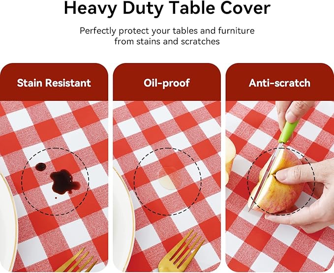 Romanstile Square Vinyl Tablecloth, 100% Waterproof Buffalo Gingham Plastic Table Cloth, Heavy Duty Wipeable Checkered Table Covers for Outdoor, Camping, Picnic, Patio - 54 x 54, Red and White