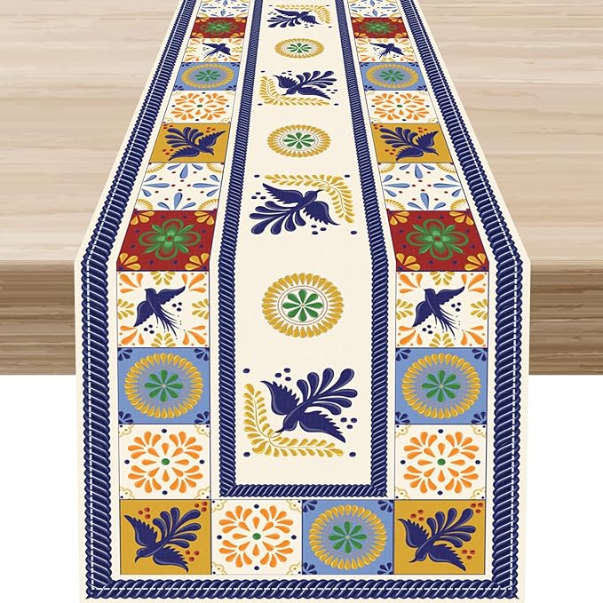 Mexican Table Runner, Blue Floral Birds Mexico Talavera Ceramic Dia De Los Muertos Coffee Table Center Decor for Family Home Kitchen and Dining Farmhouse Indoor Outdoor Table Decorations, 13" X 72"