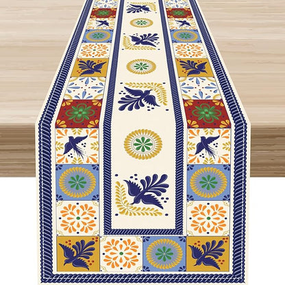 Mexican Table Runner, Blue Floral Birds Mexico Talavera Ceramic Dia De Los Muertos Coffee Table Center Decor for Family Home Kitchen and Dining Farmhouse Indoor Outdoor Table Decorations, 13" X 36"