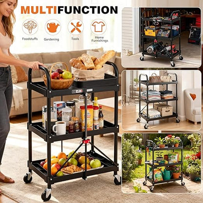 DUMOS 3-Tier Folding Utility Cart, Collapsible Service Cart with 4 Swivel Wheels & Brakes, 120LBS Capacity & Collapsible Storage Rolling Cart for Kitchen, Office, Garden, Garage, Black