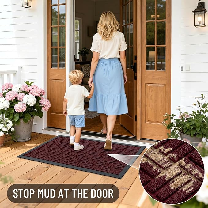 OLANLY Front Door Mat Outside Entrance 47x23, Absorbent, Heavy Duty Sturdy Natural Rubber Doormat Indoor Outdoor, Non-Slip, Stain and Fade Resistant, Low Profile Floor Mat for Entryway, Burgundy